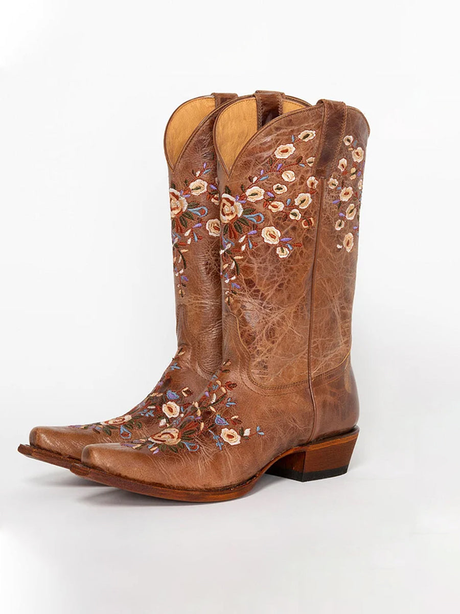 Western Brown PU Leather Floral Embroidery Square Toe Boots