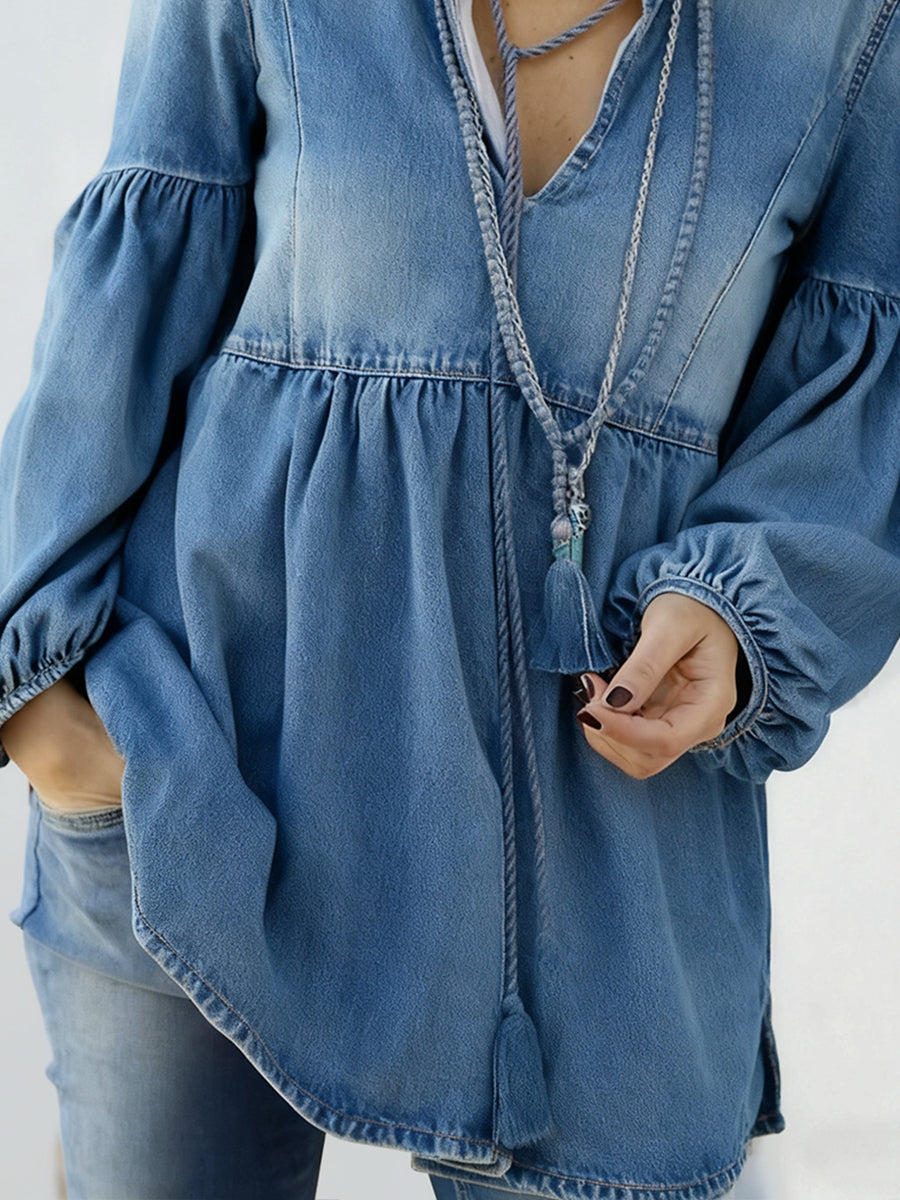 Ursiime Daily Blue V Neck Lantern Sleeve Long Sleeve Ruffled Casual Denim Blouses [Pre-Order]