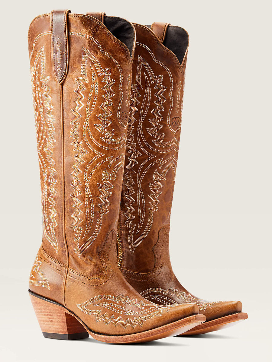 Western Yellow Brown PU Leather Leaf Stitched Patterns Pointed Toe Chunky Heel Boots