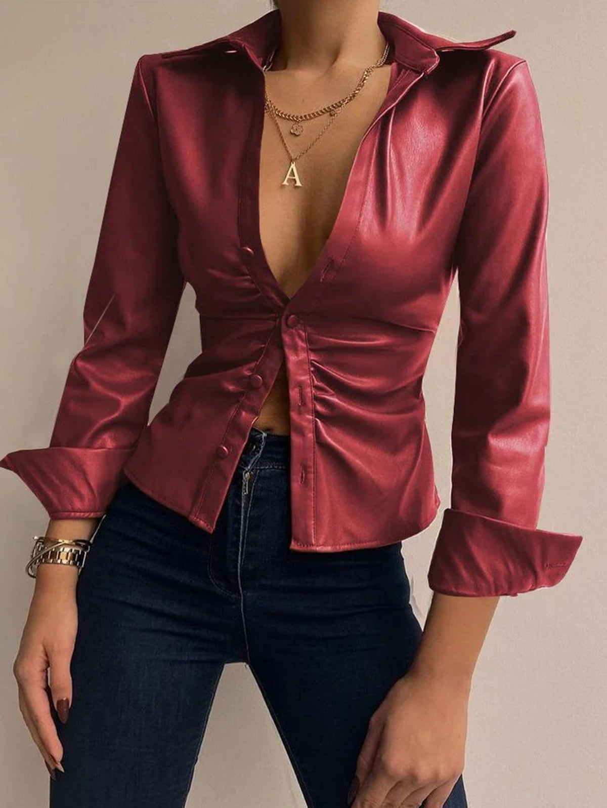Casual PU Leather Shirt Collar Button Long Sleeve Blouse