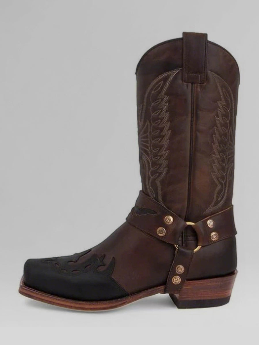 Western Brown PU Leather Embroidered Buckle Strap Square Toe Side Zipper Boots