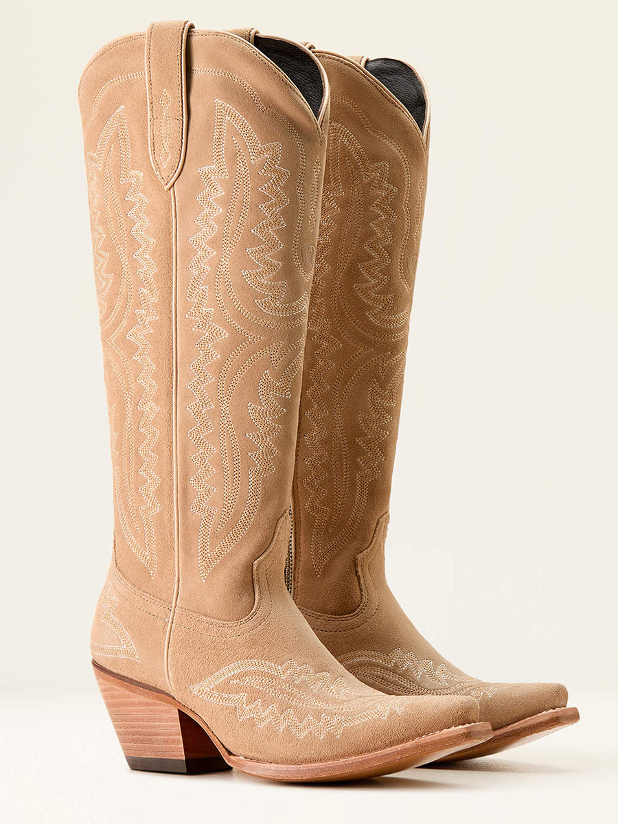 Western Yellow Brown PU Leather Leaf Stitched Patterns Pointed Toe Chunky Heel Boots