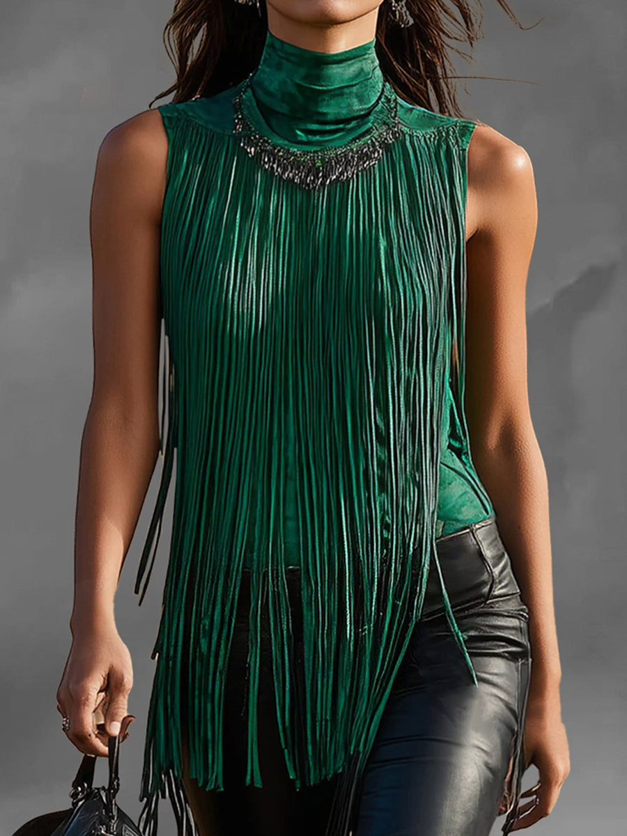 Boho Suede Long Fringe Sleeveless High Neck Blouse