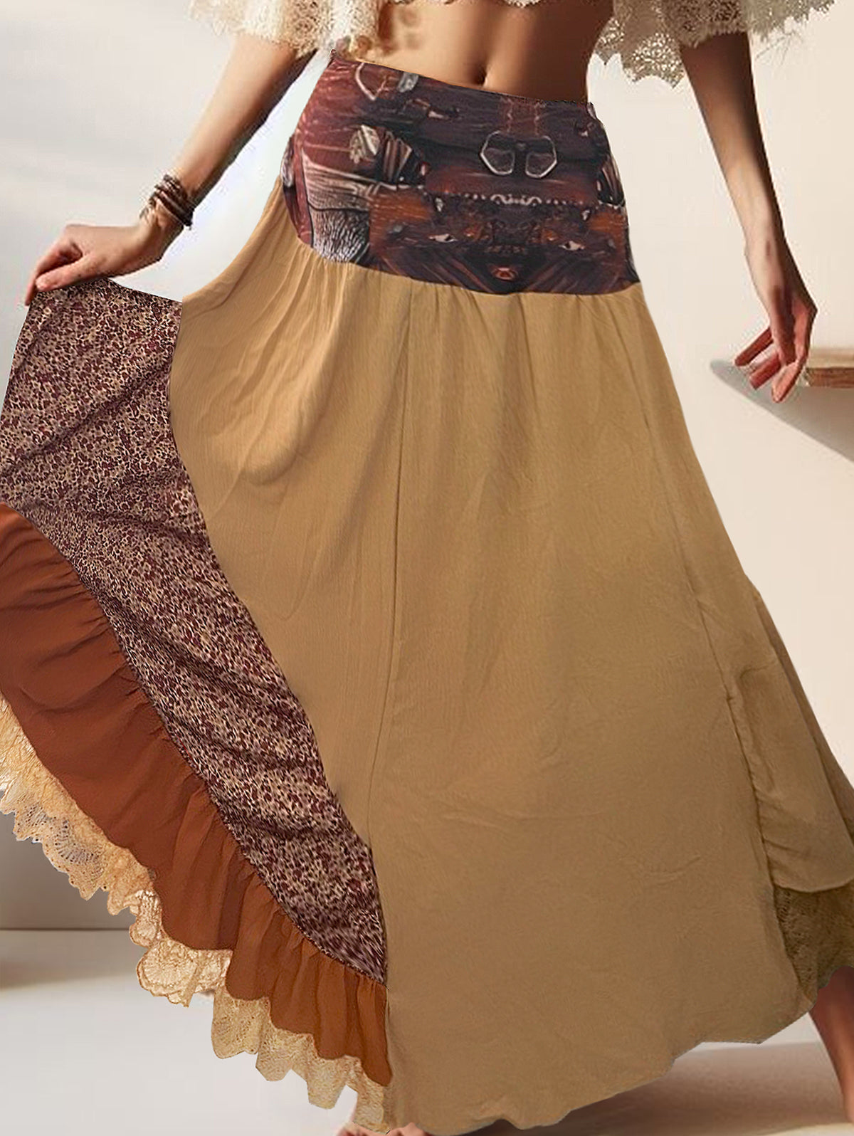 Ursiime Boho High Waist Patchwork Maxi Skirt