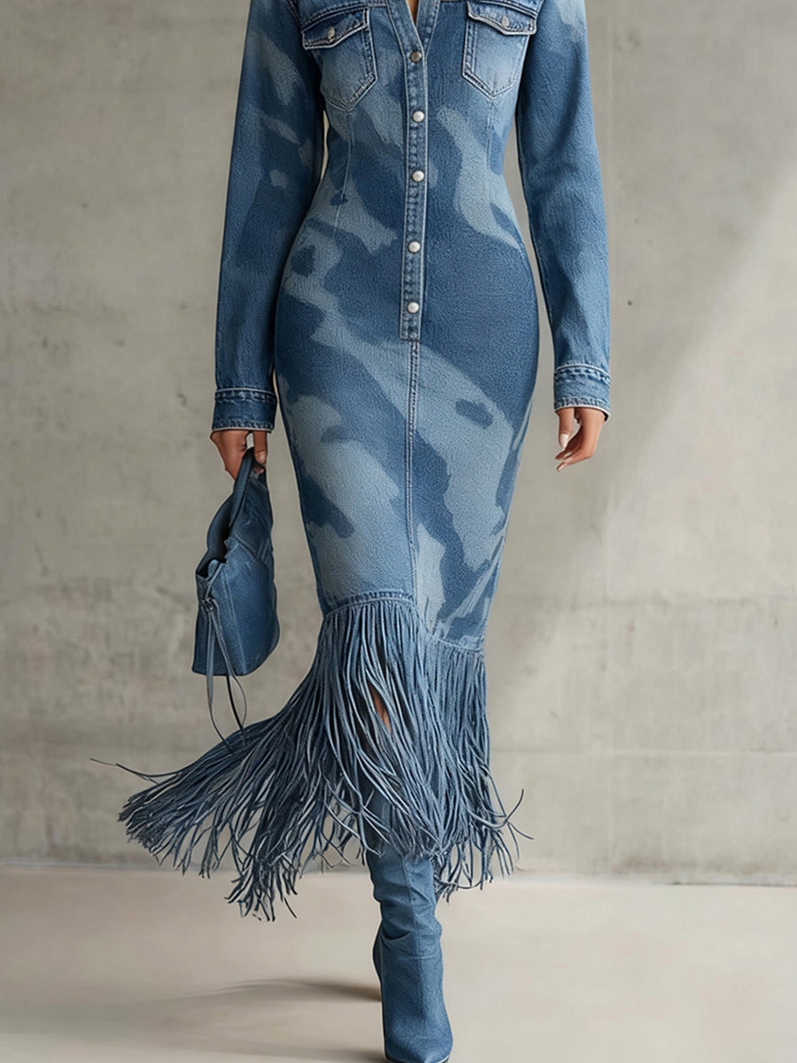 Ursiime Party Blue Camo Shirt Collar Long Sleeve Strappy Vintage Pocket Denim Midi Dresses [Pre-Order]