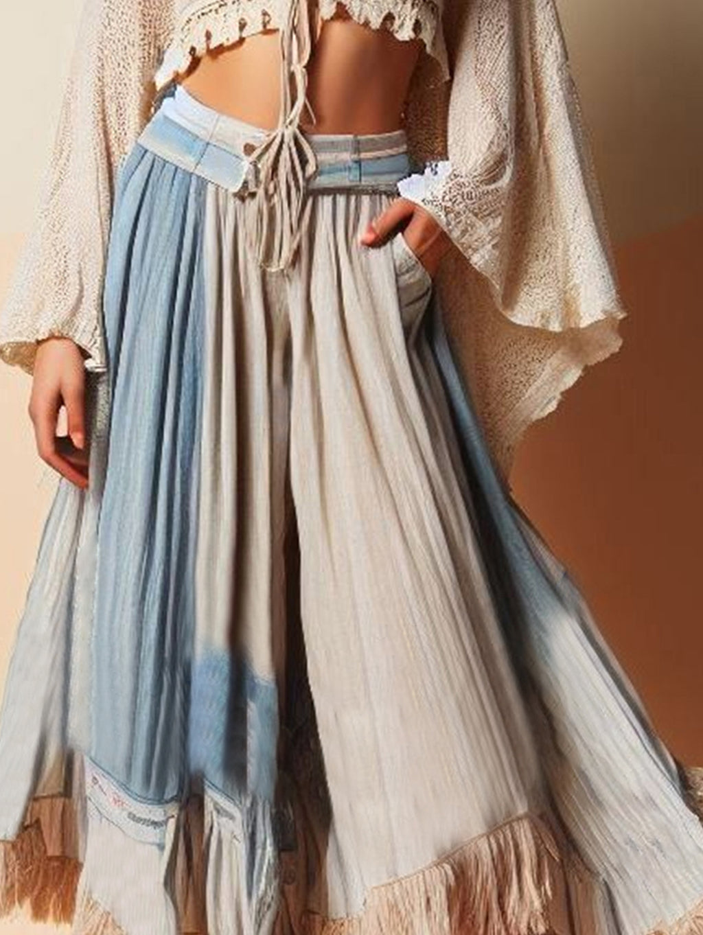 Casual Color Block Layered Fringe Pocket Wide Leg Pants