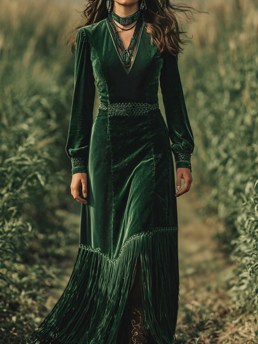 Ursiime Boho V Neck Long Sleeve Fringe Hem Velvet Maxi Dress
