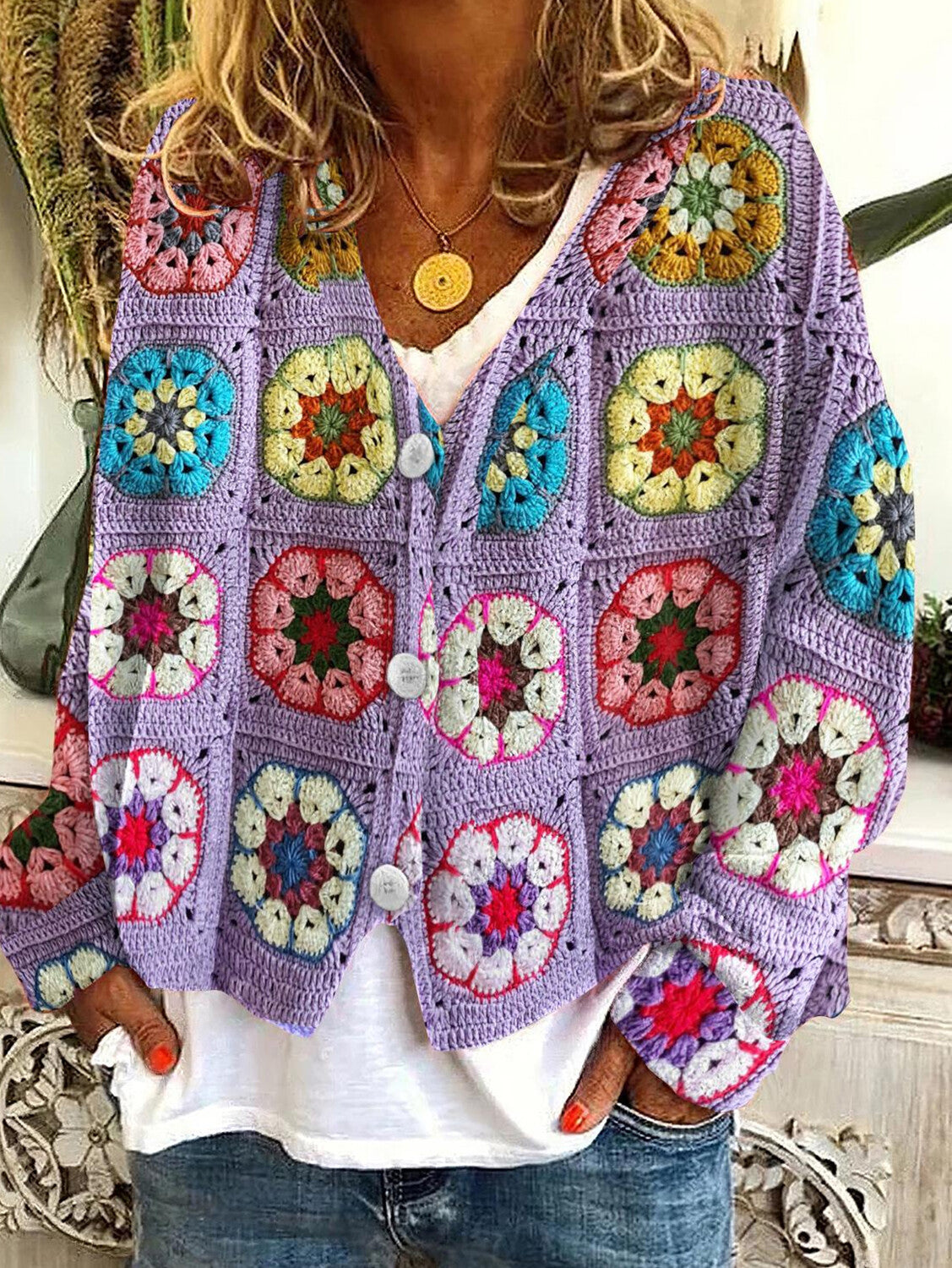 Casual Floral Pattern Three Button Knit Sweater Cardigan