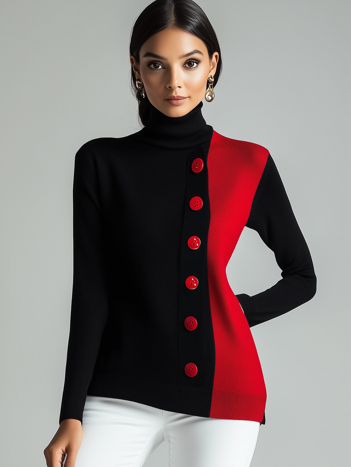 Ursiime Colorblock Button Long Sleeve Turtleneck Sweater