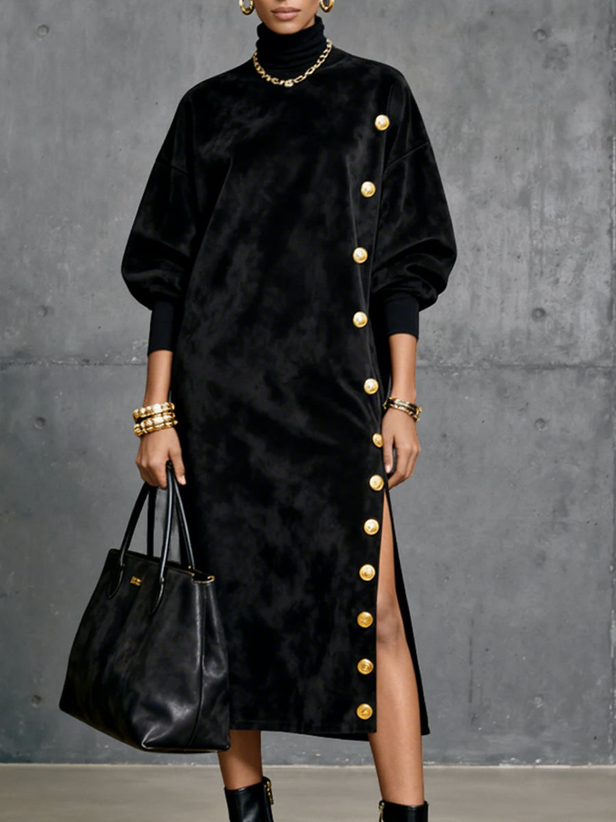 Ursiime Evening Gowns Black High Collar Lantern Sleeve Long Sleeve Button Elegant Velvet Midi Dresses