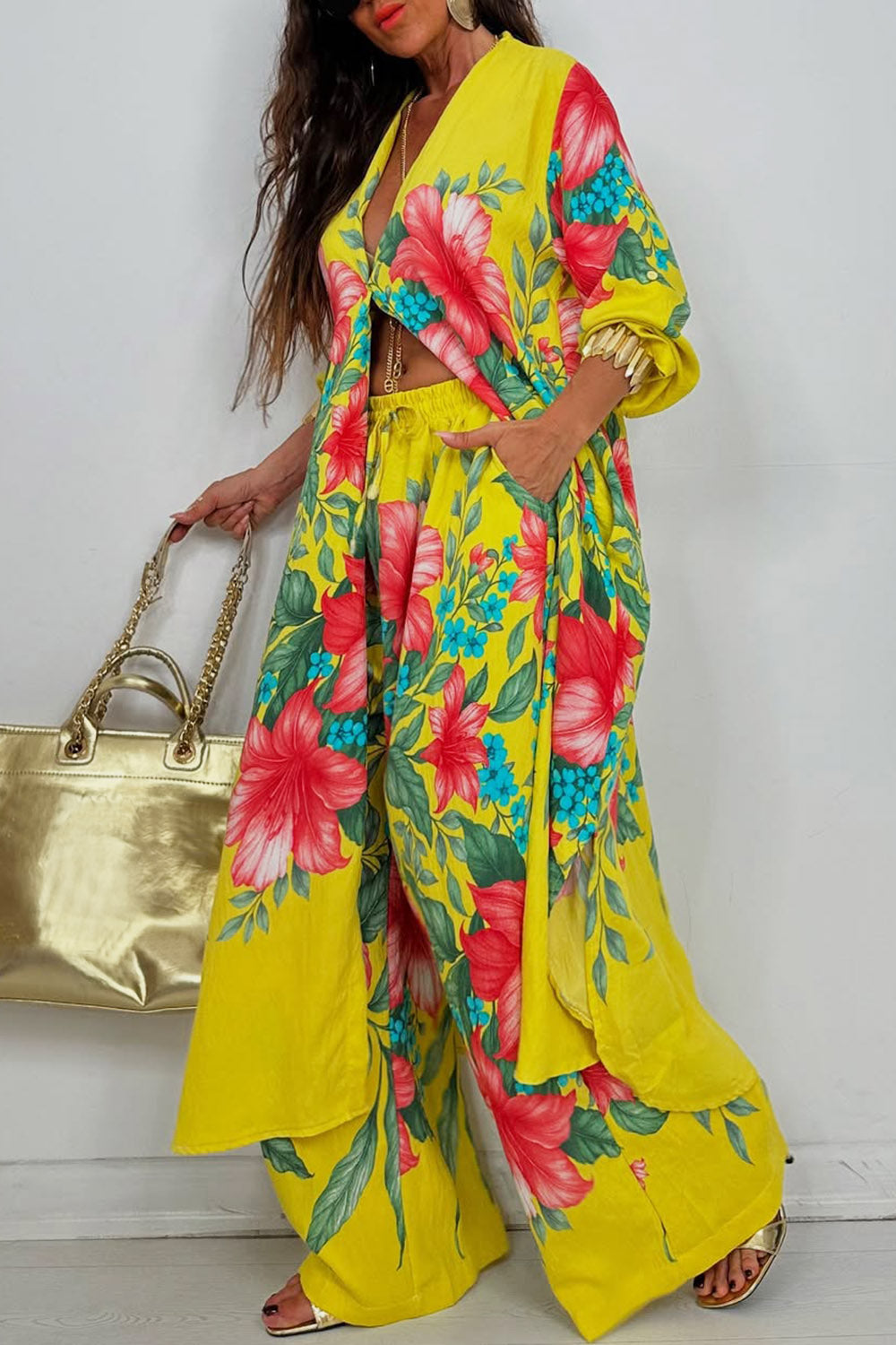 Ursiime Design Business Casual White Tropical Print Long Sleeve Pocket Casual Wide Leg Two Piece Pant Sets [Pre-Order]