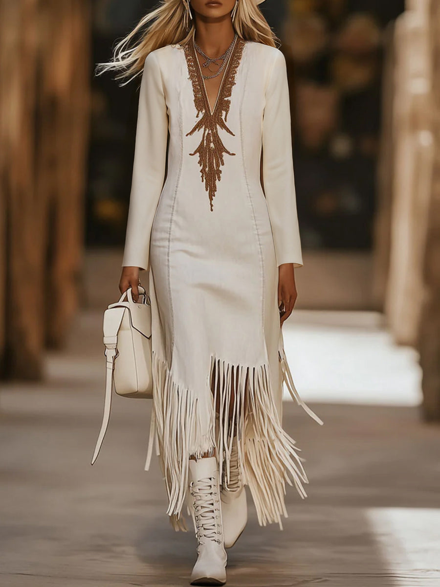 Ursiime White Deep V Neck Printed Long Sleeve Asymmetrical Fringe Hem Maxi Dress