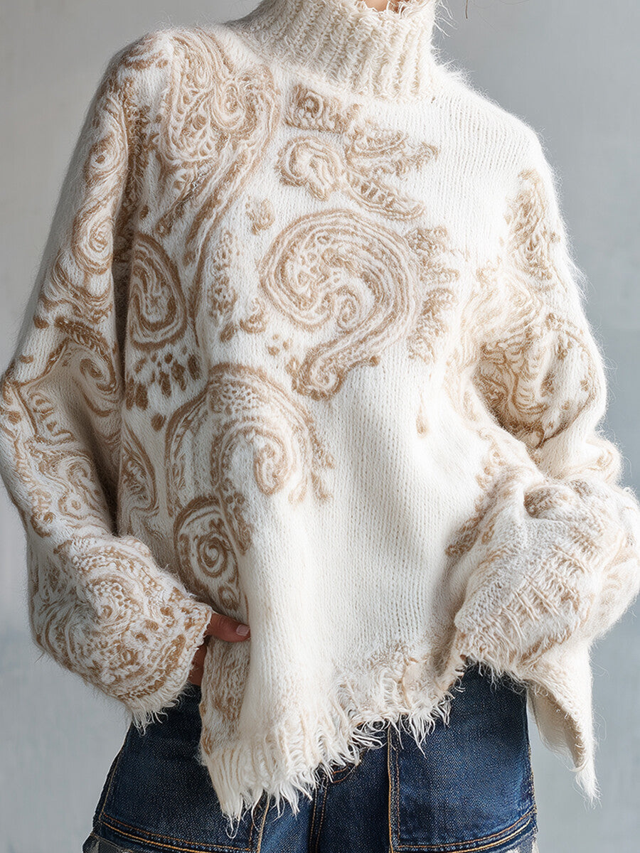 Ursiime Casual Beige High Neck Paisley Pattern Long Sleeve Raw Edge Sweater