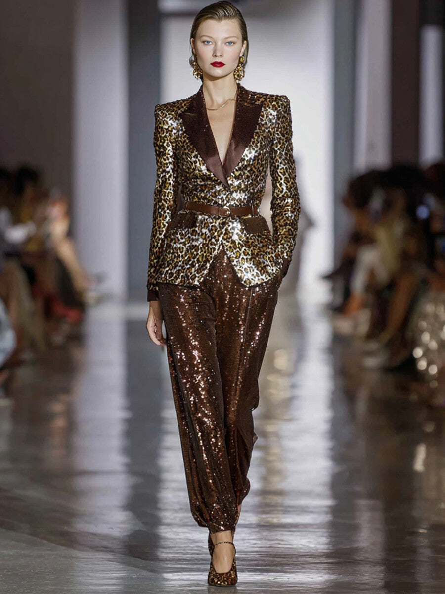 Ursiime Formal Brown Leopard Turndown Collar Long Sleeve Pocket Casual Sequin Two Piece Pant Suits
