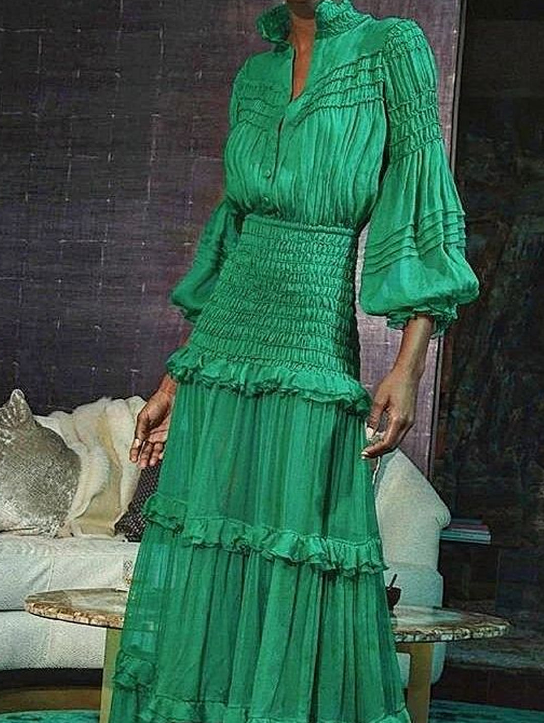 Stand Collar Lantern Sleeve Ruffle Tiered Maxi Dress