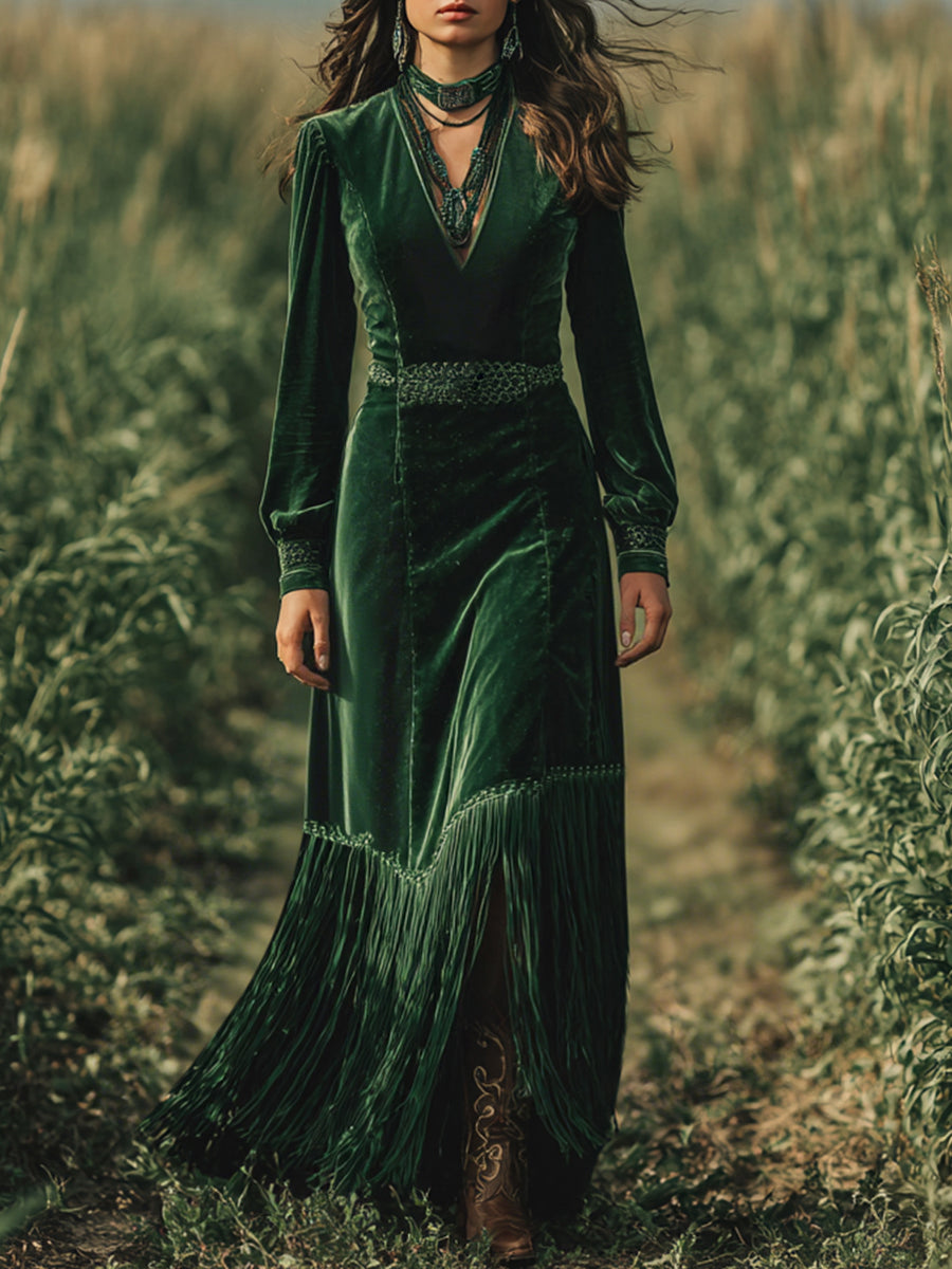Ursiime Boho V Neck Long Sleeve Fringe Hem Velvet Maxi Dress