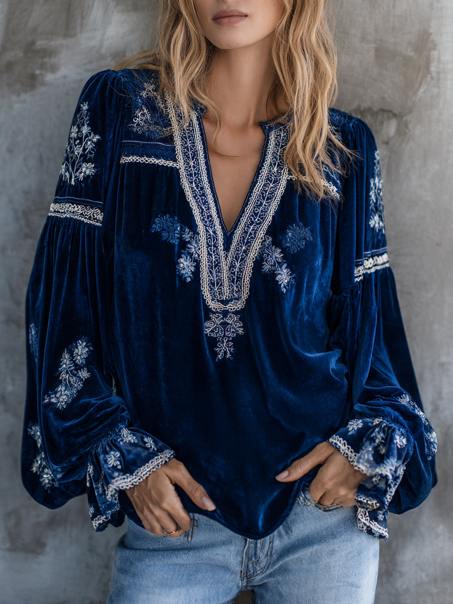 Ursiime Navy Blue Velvet V Neck Lantern Sleeve Floral Blouse