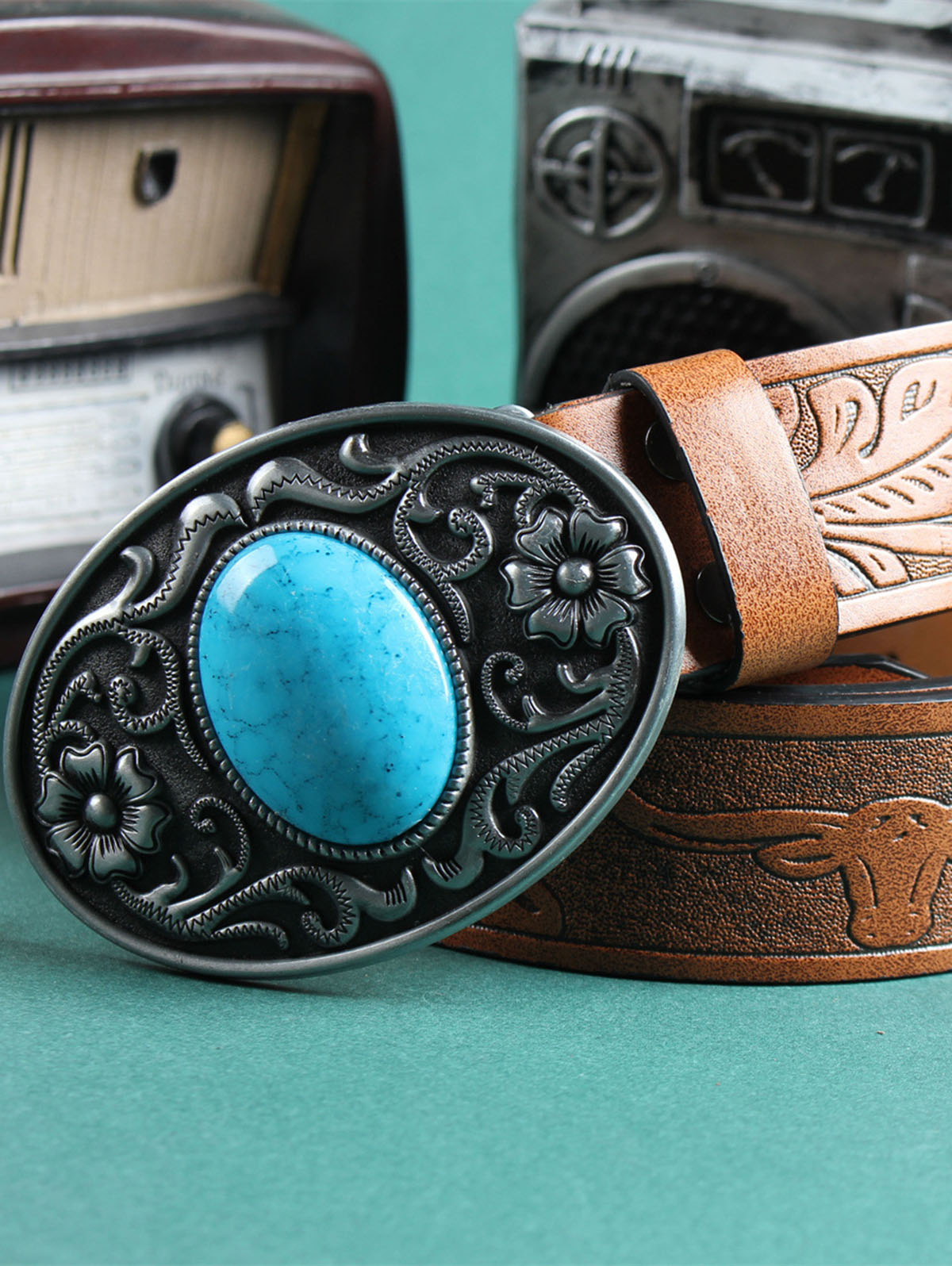 Retro Resin Imitation Gemstone Embossed Belt