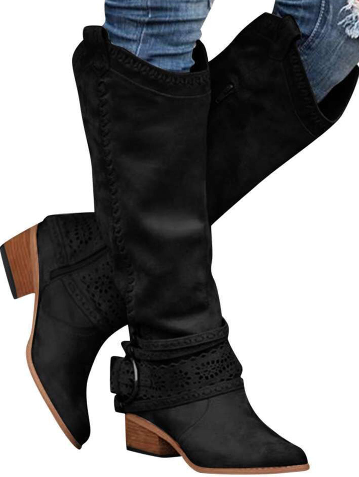 Vintage Lace Belt Buckle Pointy Toe Cowgirl Knee High Boot