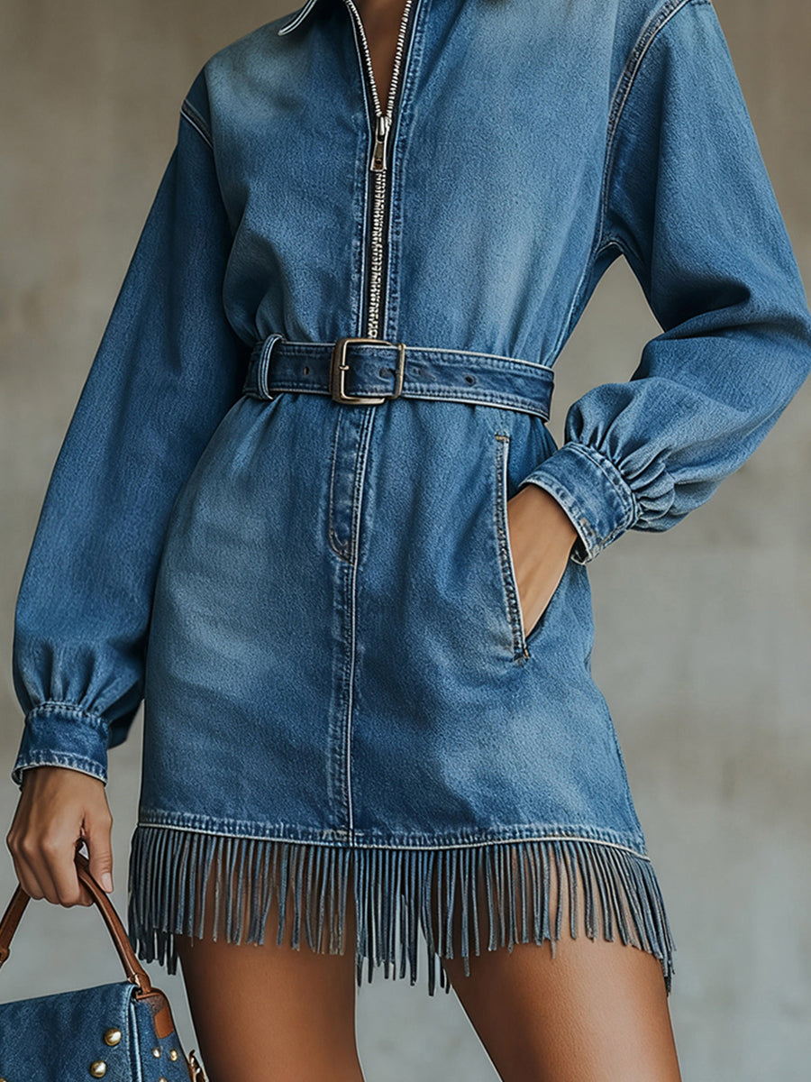 Ursiime Daily Blue Shirt Collar Long Sleeve Strappy Casual Pocket Denim Mini Dresses