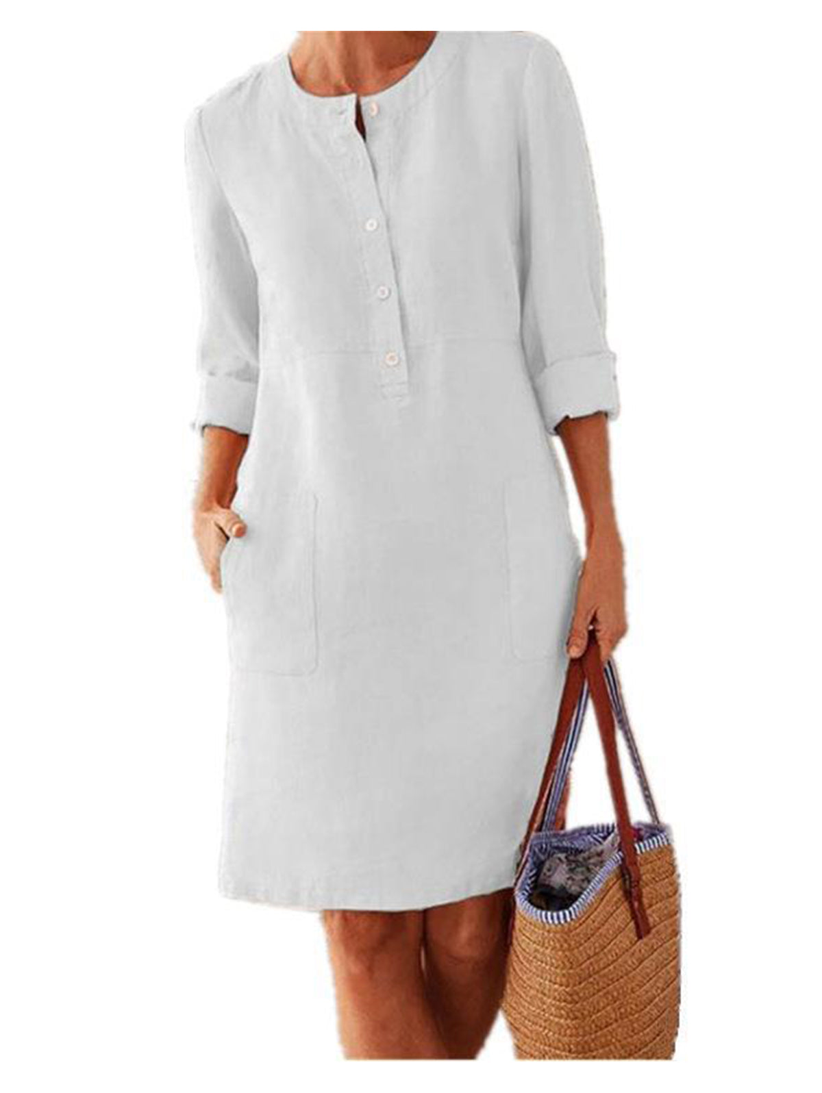 Daily Solid Half Button Long Sleeve Pocket Midi Dress