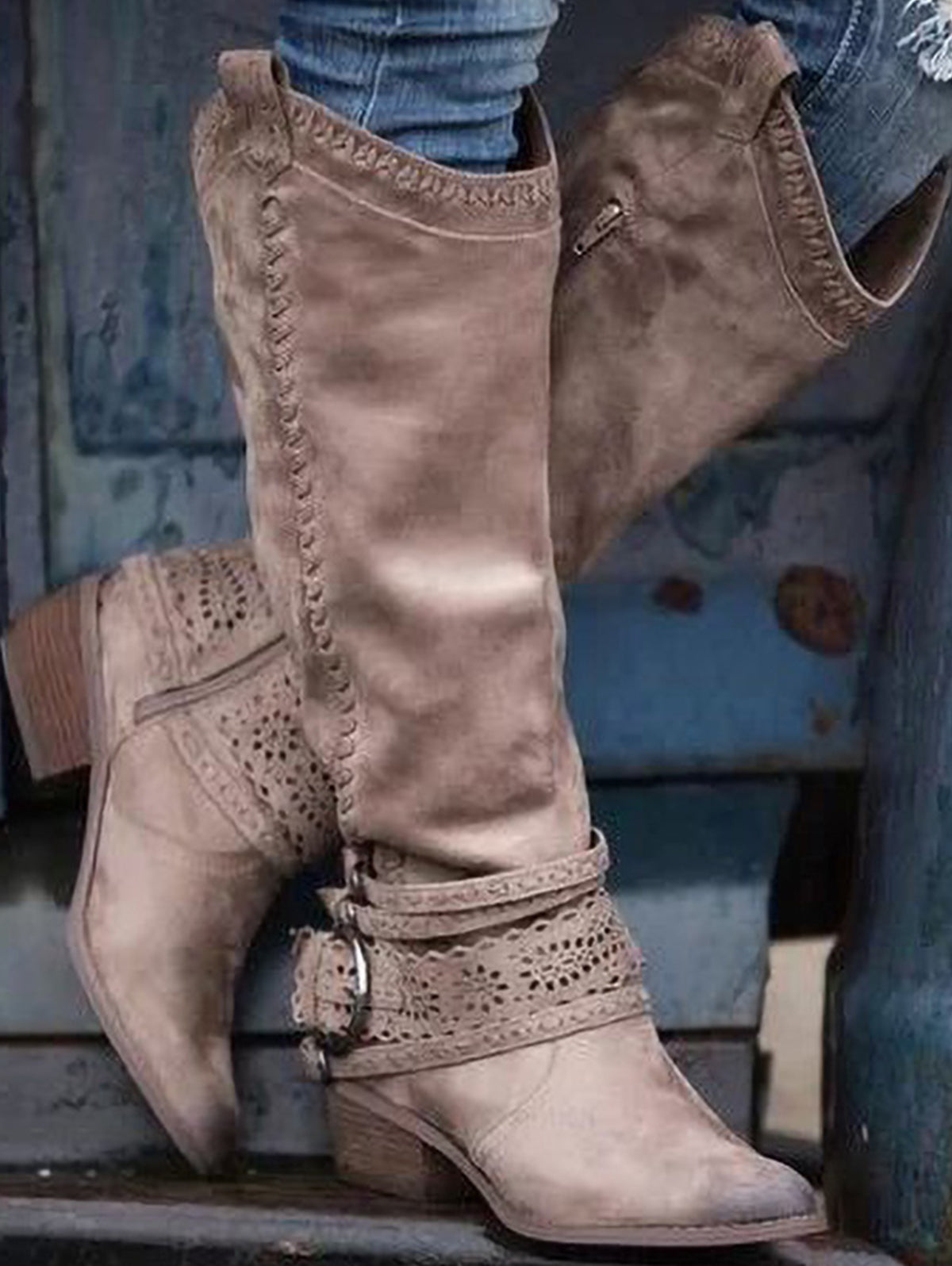 Vintage Lace Belt Buckle Pointy Toe Cowgirl Knee High Boot