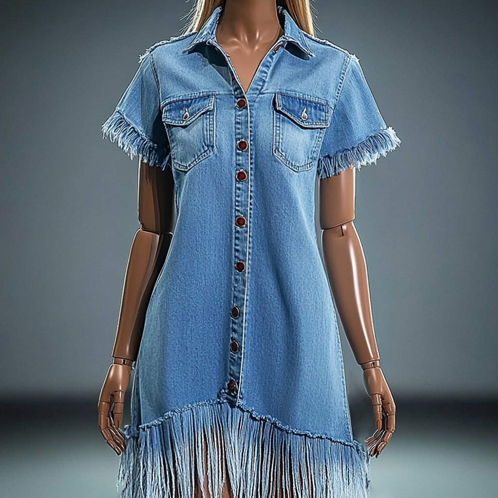 Ursiime Denim Raw Edge Fringed Turndown Collar Button Mini Dress