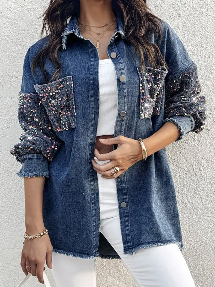Fashion Blue Washed Denim Sequin Patch Pockets Long Sleeve Raw Edge Jacket