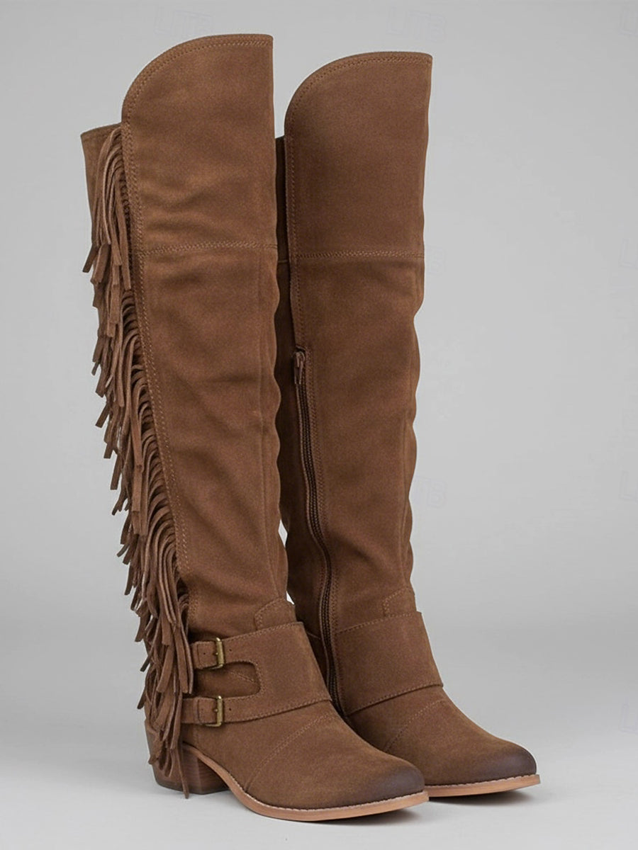 Western Brown Suede Double Buckle Straps Fringe Over-The-Knee Boots