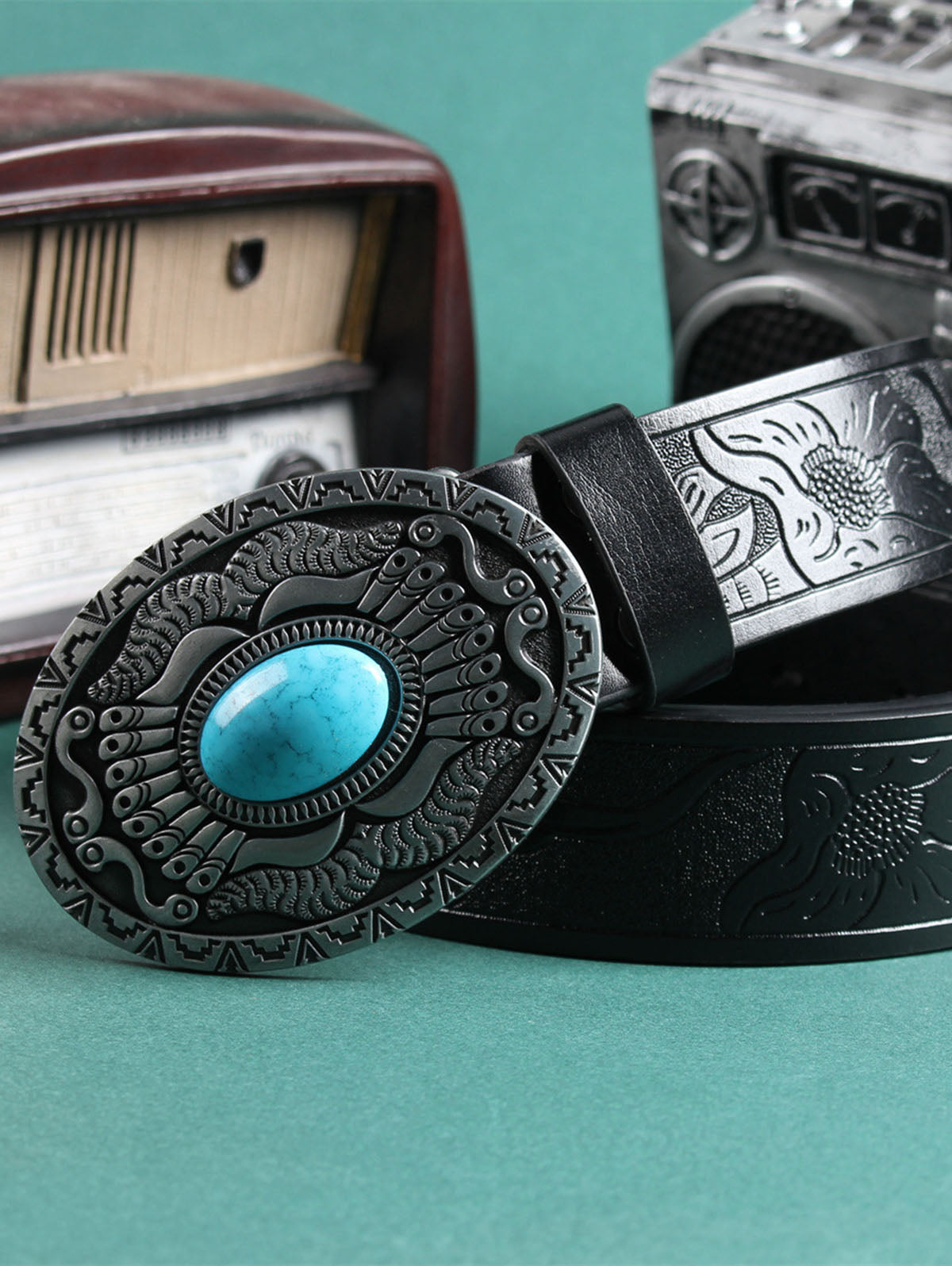 Retro Resin Imitation Gemstone Embossed Belt