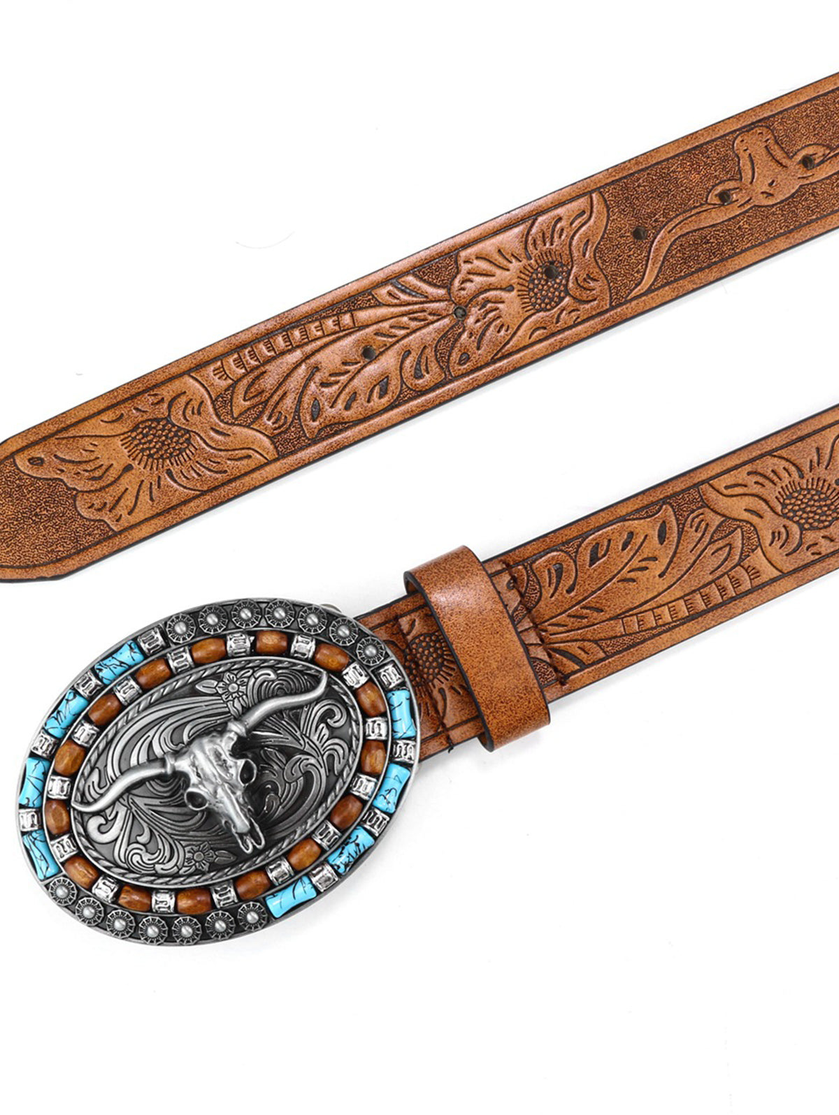 Western Metal Bull Head Beaded Embossed PU Leather Belt