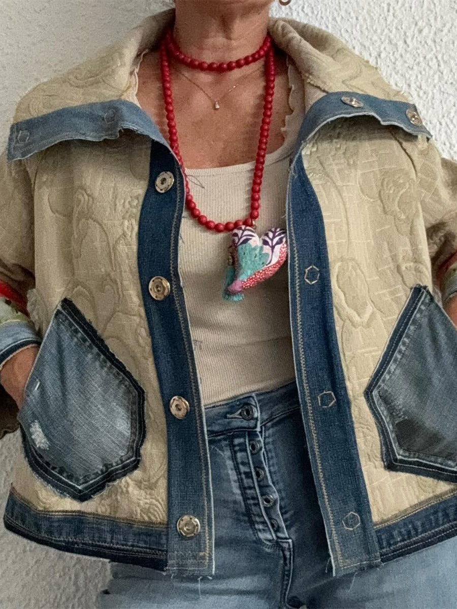 Ursiime Daily Blue Shirt Collar Long Sleeve Contrast Casual Pocket Denim Jacket