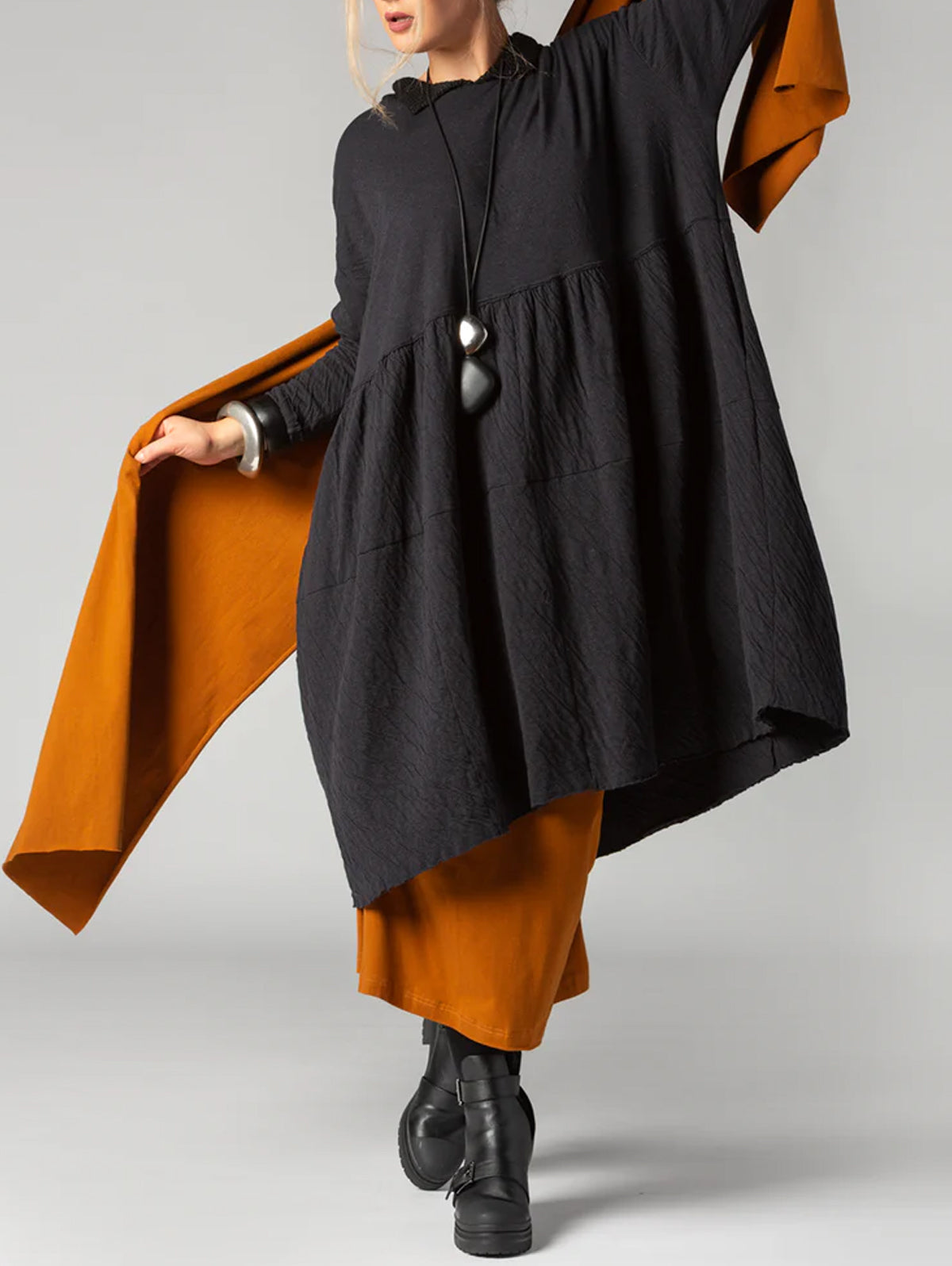 Casual Textured Plain Doll Collar Long Sleeve Midi Dress