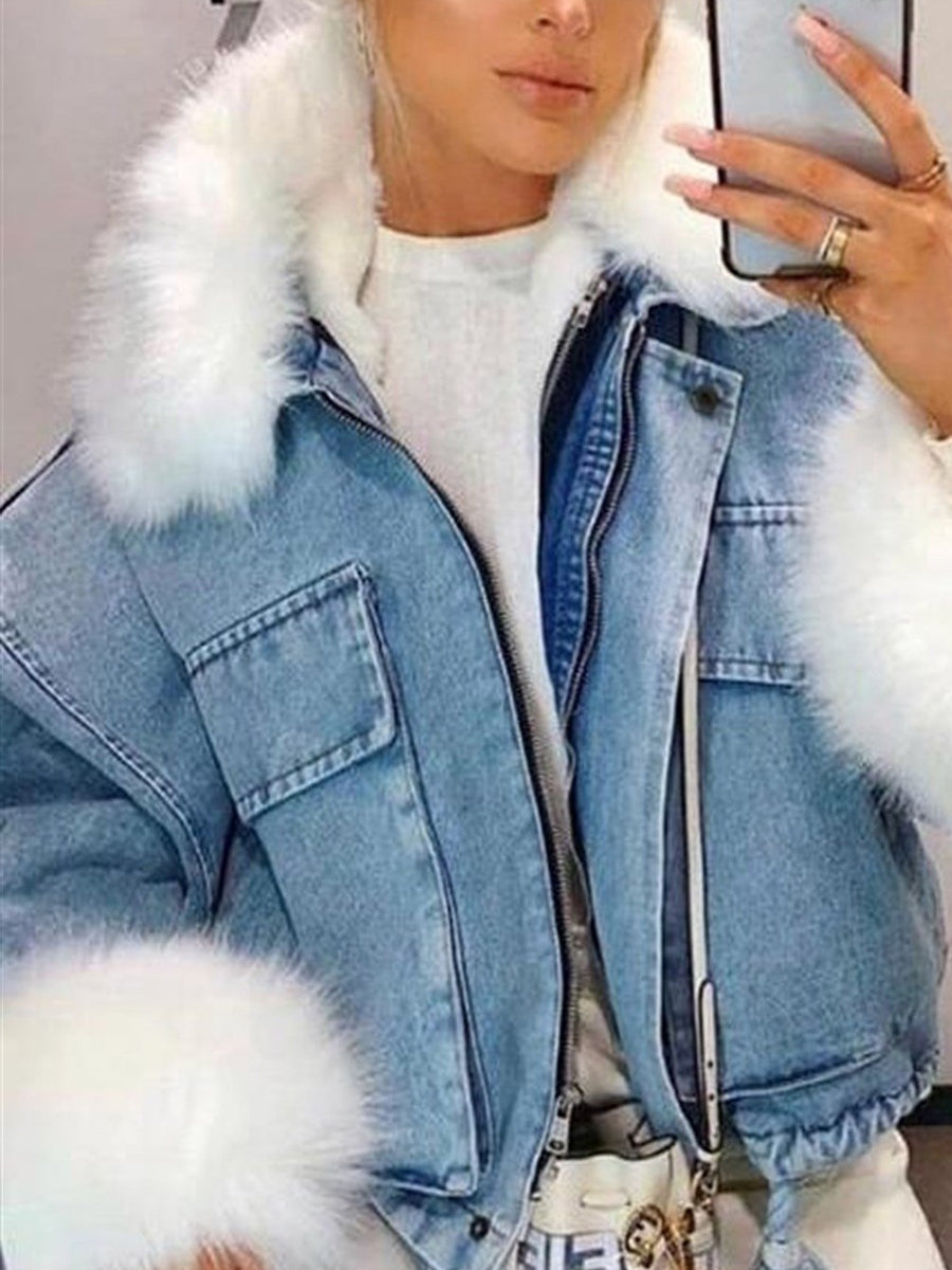 Fashion Light Blue Furry Collar Long Sleeve Zipper Fleece-Lined Denim Coat