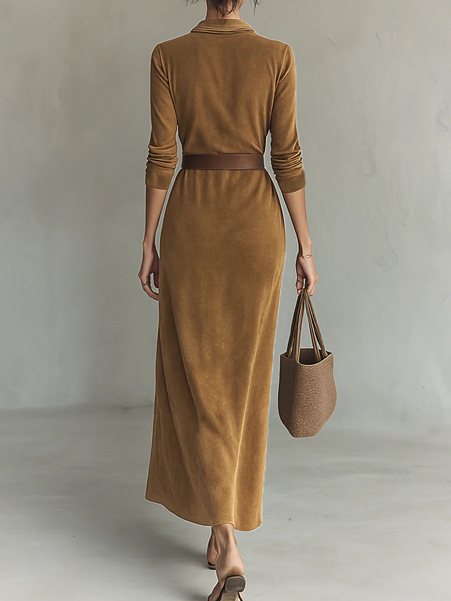 Elegant Brown Suede Shirt Collar Long Sleeve Button Belted Maxi Dress