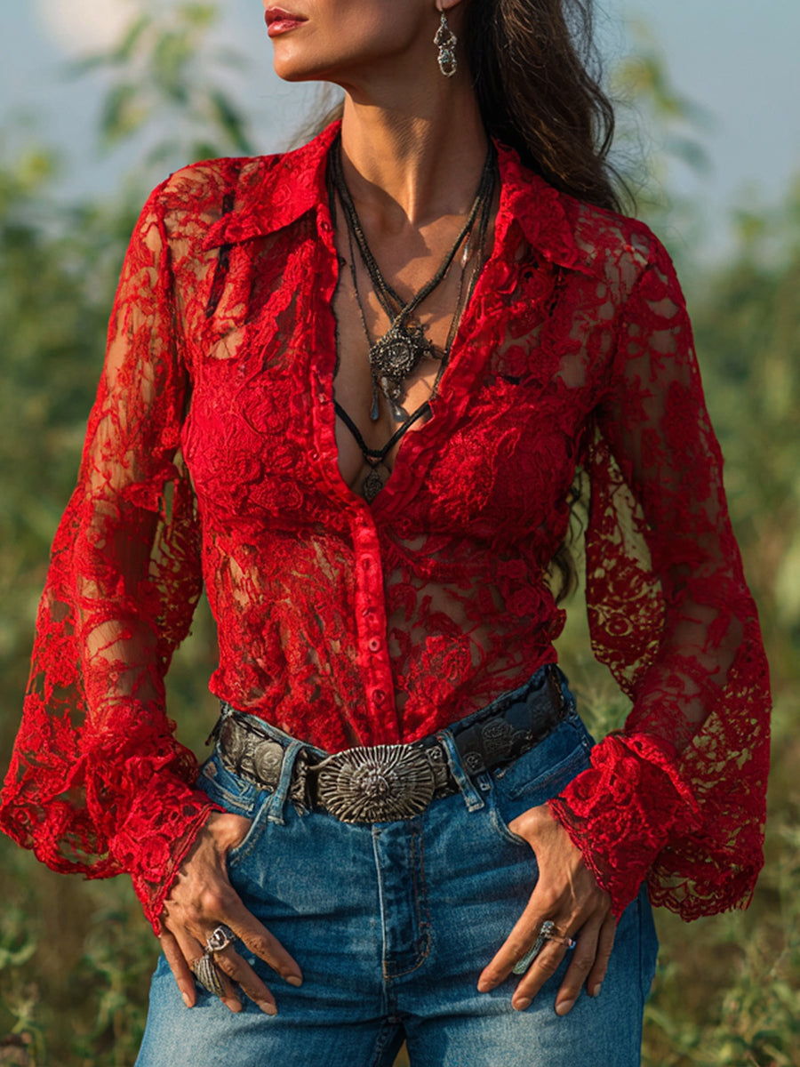 Ursiime Western Red Lace See-Through Lantern Sleeve Button Blouse