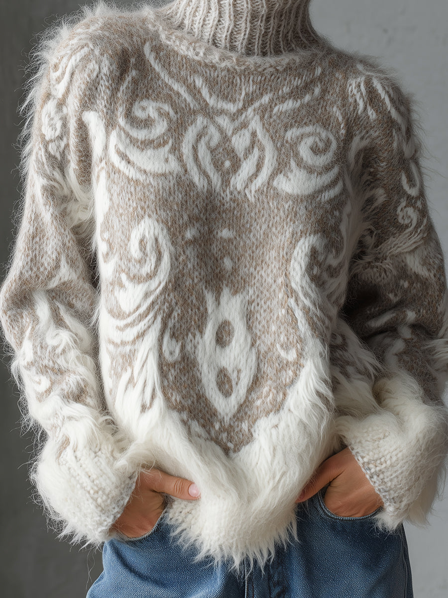 Ursiime Gray Turtleneck Long Sleeve Patterned Fuzzy Knit Sweater