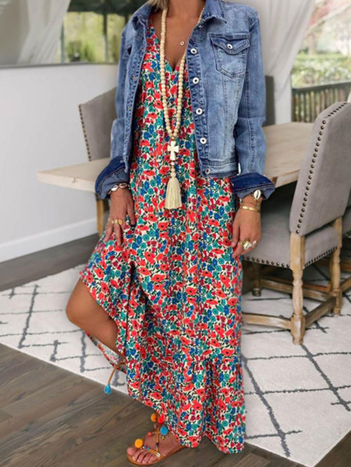 Boho Allover Floral Print V Neck Cami Maxi Dress