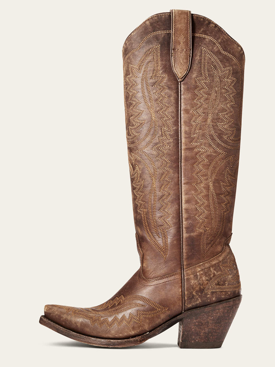 Western Yellow Brown PU Leather Leaf Stitched Patterns Pointed Toe Chunky Heel Boots