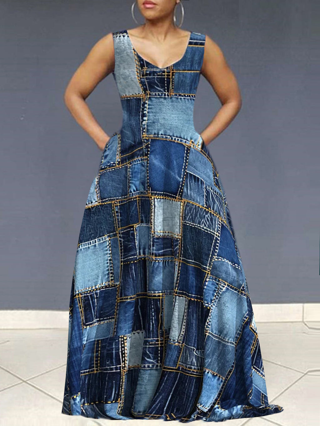 Ursiime Denim Allover Pattern V Neck Sleeveless Maxi Dress