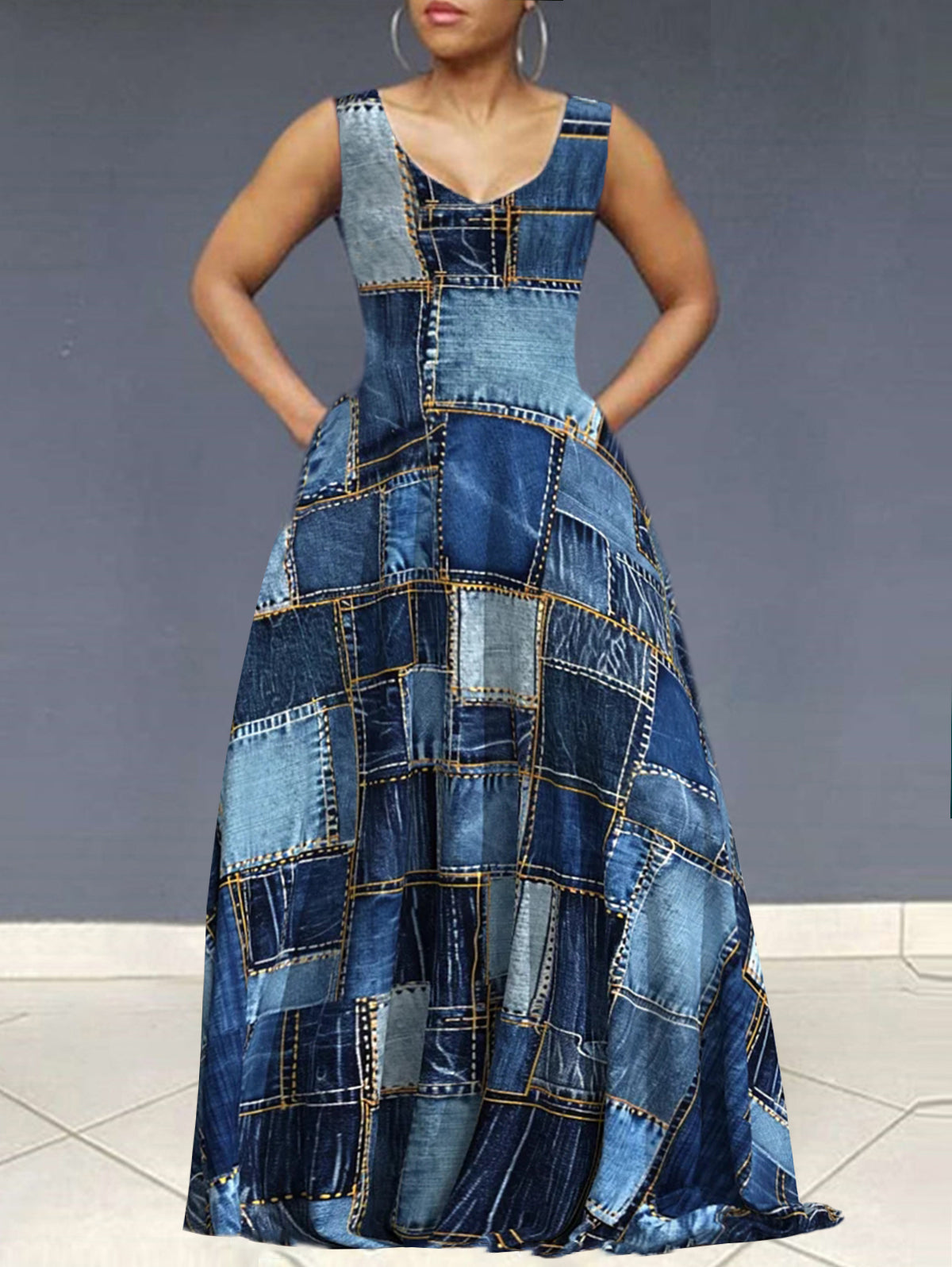 Ursiime Denim Allover Pattern V Neck Sleeveless Maxi Dress