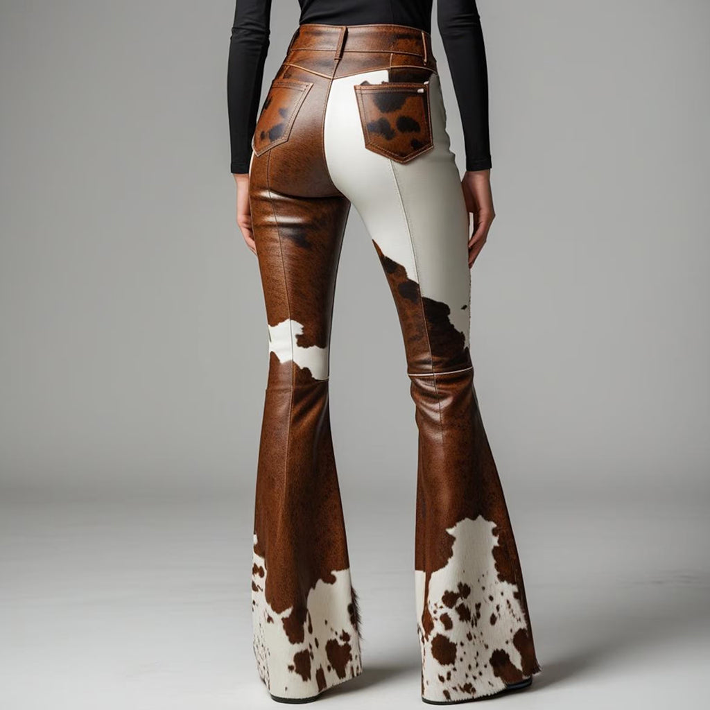 Western Cow Pattern PU Leather High Waist Bell Bottom Pants