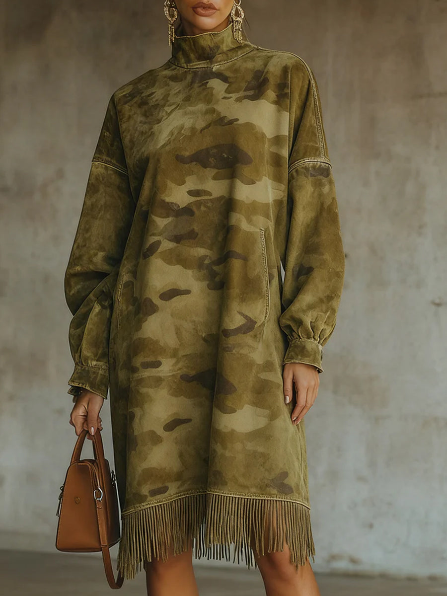 Ursiime Daily Army Green Camo High Collar Lantern Sleeve Long Sleeve Strappy Casual Pocket Midi Dresses [Pre-Order]