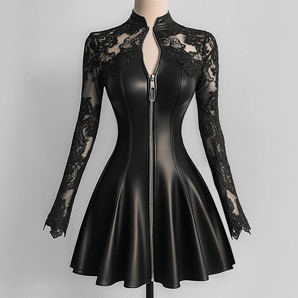 Ursiime PU Leather Lace Long Sleeve Zipper Mini Dress