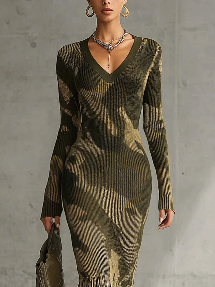 Casual Army Green Camouflage Knit V Neck Long Sleeve Fringe Hem Midi Dress