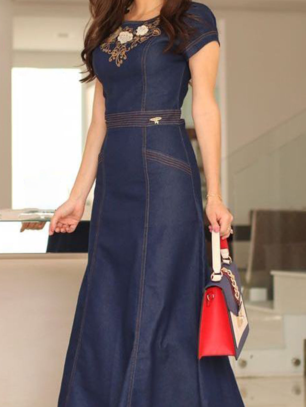 Daily Floral Embroidery Short Sleeve Cinch Waist Denim Maxi Dress