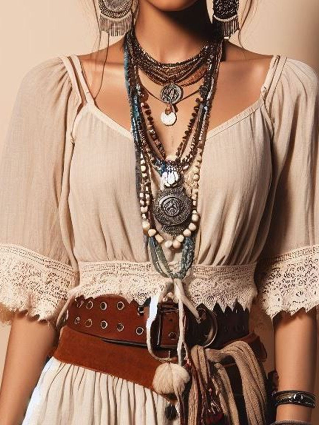 Boho V Neck Half Sleeve Lace Splicing Blouse