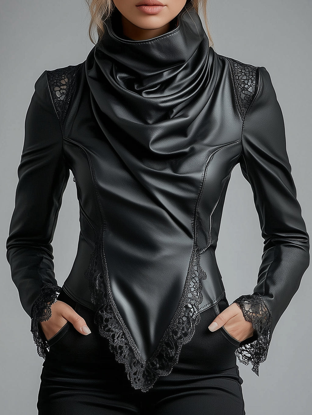 Ursiime High Neck Lace Trim Long Sleeve PU Leather Blouse