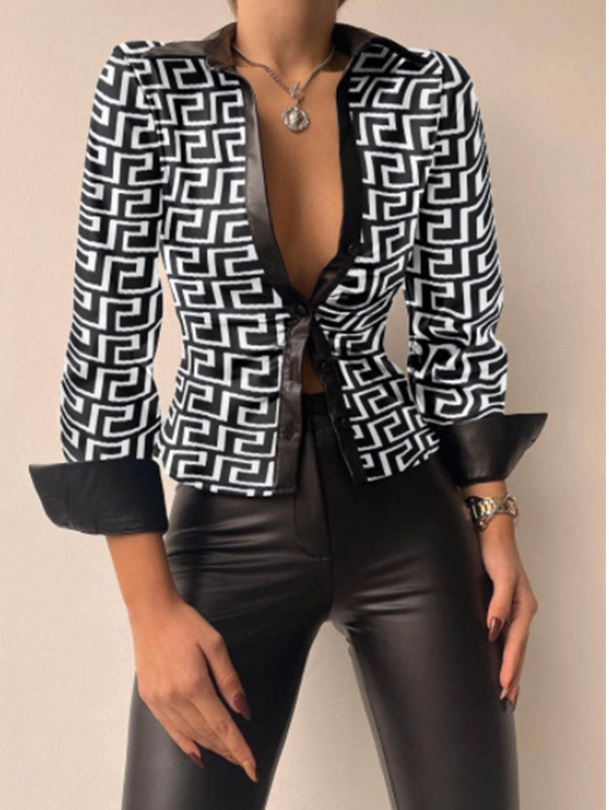 Casual PU Leather Shirt Collar Button Long Sleeve Blouse