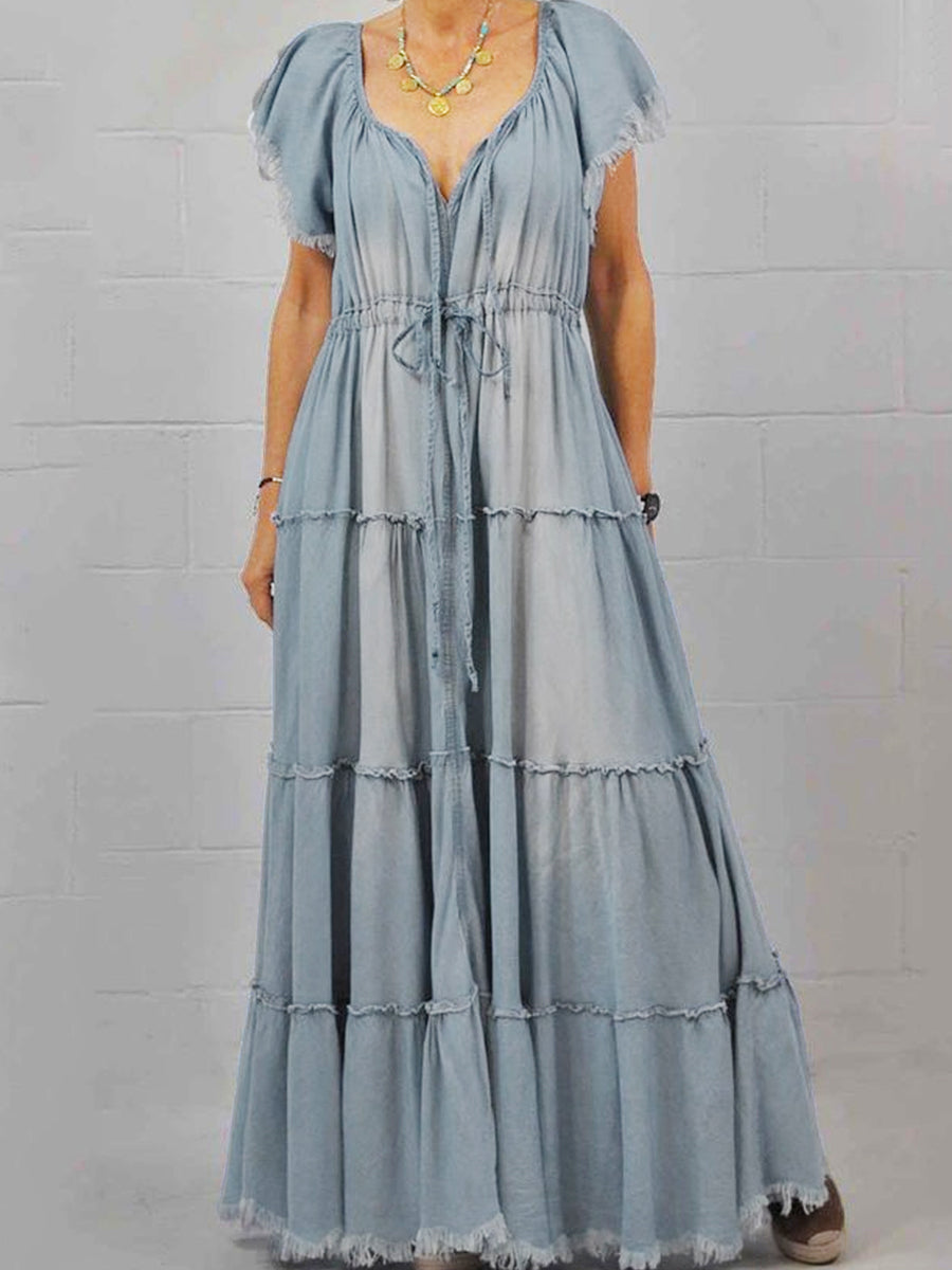 Washed Denim Tiered Drawstring V Neck Raw Edge Maxi Dress